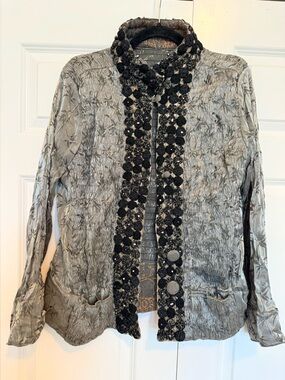 Nadya  Silver-Gray Jacket with Black Crochet Trim- silk